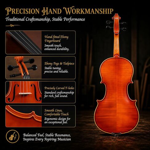 Handcrafted Solid Wood Violin 4/4 Full Size, Acoustic Fiddle with Gradient Finish, Ebony Fingerboard & Fittings, High-End Full Size Violin Kit with Ebony Bow, Alice Strings, and Deluxe Case in Saudi Arabia