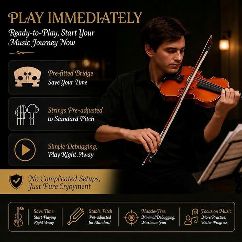 Handcrafted Solid Wood Violin 4/4 Full Size, Acoustic Fiddle with Gradient Finish, Ebony Fingerboard & Fittings, High-End Full Size Violin Kit with Ebony Bow, Alice Strings, and Deluxe Case in Saudi Arabia