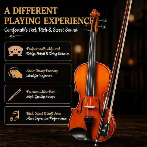 Handcrafted Solid Wood Violin 4/4 Full Size, Acoustic Fiddle with Gradient Finish, Ebony Fingerboard & Fittings, High-End Full Size Violin Kit with Ebony Bow, Alice Strings, and Deluxe Case in Saudi Arabia