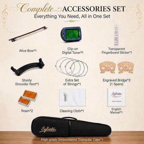 Handcrafted Solid Wood Violin 4/4 Full Size, Acoustic Fiddle with Gradient Finish, Ebony Fingerboard & Fittings, High-End Full Size Violin Kit with Ebony Bow, Alice Strings, and Deluxe Case in Saudi Arabia