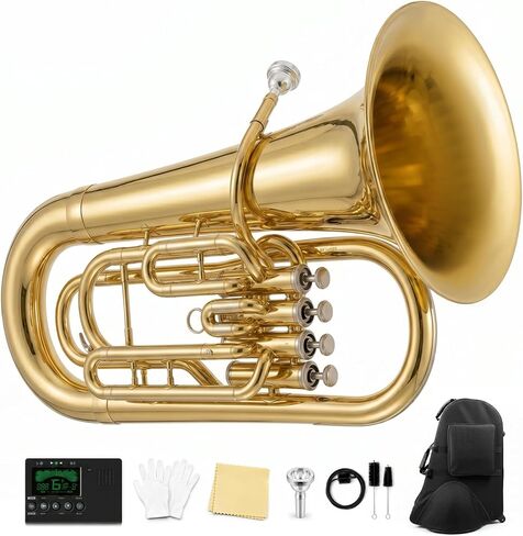 4 صمامات PYY Euphonium - نغمة نحاسية صلبة 4 صمامات Euphonium، مكابس من الفولاذ المقاوم للصدأ سريعة الاستجابة، لمسة نهائية من النحاس المصقول يدويًا، مع قطعة لسان، حقيبة حمل، للمبتدئين والمتوسطين in Kuwait