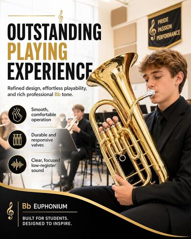 4 صمامات PYY Euphonium - نغمة نحاسية صلبة 4 صمامات Euphonium، مكابس من الفولاذ المقاوم للصدأ سريعة الاستجابة، لمسة نهائية من النحاس المصقول يدويًا، مع قطعة لسان، حقيبة حمل، للمبتدئين والمتوسطين in Kuwait
