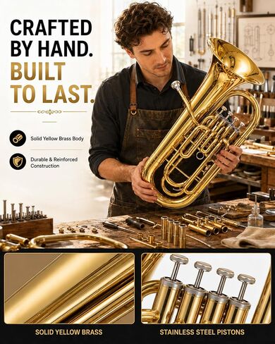 4 صمامات PYY Euphonium - نغمة نحاسية صلبة 4 صمامات Euphonium، مكابس من الفولاذ المقاوم للصدأ سريعة الاستجابة، لمسة نهائية من النحاس المصقول يدويًا، مع قطعة لسان، حقيبة حمل، للمبتدئين والمتوسطين in Kuwait