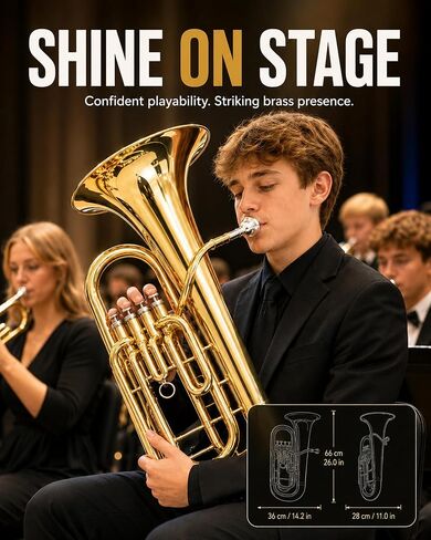 4 صمامات PYY Euphonium - نغمة نحاسية صلبة 4 صمامات Euphonium، مكابس من الفولاذ المقاوم للصدأ سريعة الاستجابة، لمسة نهائية من النحاس المصقول يدويًا، مع قطعة لسان، حقيبة حمل، للمبتدئين والمتوسطين in Kuwait
