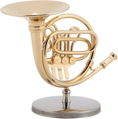 Miniature French Horn, Brass Gold Plated Replica with Stand, Detailed Instrument Model for Christmas Gifts, Home and Music Room Decor in Kuwait