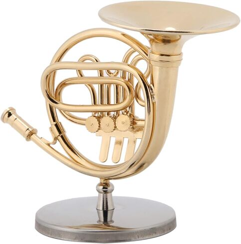 Miniature French Horn, Brass Gold Plated Replica with Stand, Detailed Instrument Model for Christmas Gifts, Home and Music Room Decor in Kuwait