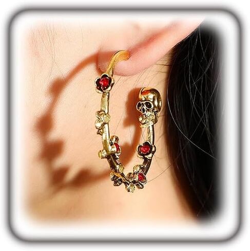 Gothic Gold Skull Flower Hoop Earrings for Women Goth Rhinestone Floral Hoop Earrings Scary Halloween Party Earrings Punk Jewelry Accessories in Kuwait