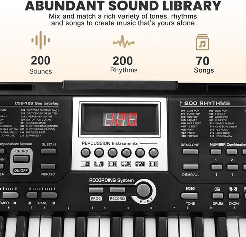 33" 61-Key Electronic Keyboard Piano for Beginners with 200 Tones & Rhythms, Microphone, Learning Features, and Piano Note Stickers, Digital Music Keyboard for Adults in Kuwait