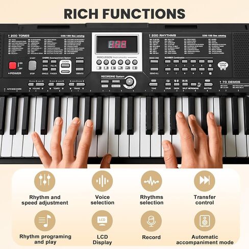 33" 61-Key Electronic Keyboard Piano for Beginners with 200 Tones & Rhythms, Microphone, Learning Features, and Piano Note Stickers, Digital Music Keyboard for Adults in Kuwait