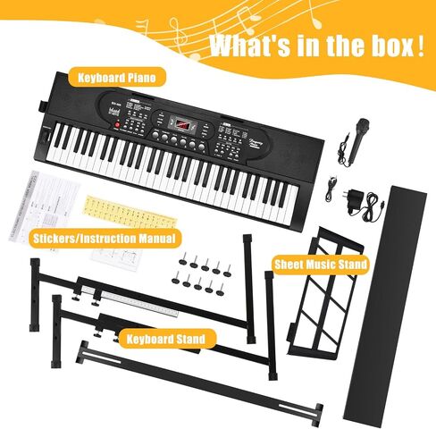 61 Key Portable Keyboard Piano with Stand, Electronic Keyboard Piano Kit, Microphone, Note Stickers, Music Rest, Digital Music Keyboard Built-In Speakers for Beginners in Kuwait