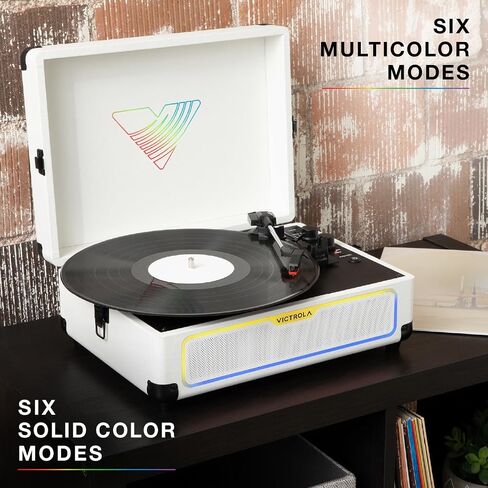 Victrola Journey Glow – Illuminated Suitcase Record Player – 18 RGB Light Effects, Stereo Speakers with Enhanced Bass, Bluetooth Streaming, (Black) in Kuwait