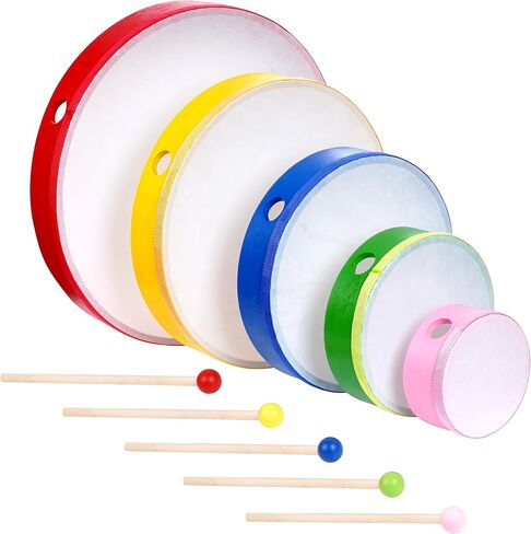 Nydotd 5 Pieces Hand Drum Set, Wooden Frame Drum Percussion Instruments with Drum Beatters 12 Inch 10 Inch 8 Inch 6 Inch 4 Inch Multicolor for Leisure Festive Musical Performances Home Party Supplies in Kuwait