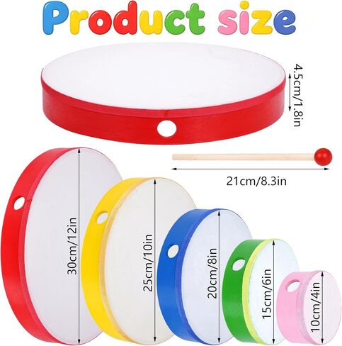 Nydotd 5 Pieces Hand Drum Set, Wooden Frame Drum Percussion Instruments with Drum Beatters 12 Inch 10 Inch 8 Inch 6 Inch 4 Inch Multicolor for Leisure Festive Musical Performances Home Party Supplies in Kuwait
