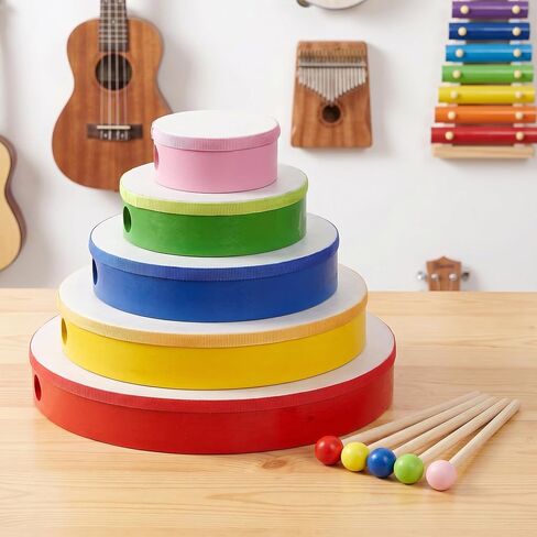 Nydotd 5 Pieces Hand Drum Set, Wooden Frame Drum Percussion Instruments with Drum Beatters 12 Inch 10 Inch 8 Inch 6 Inch 4 Inch Multicolor for Leisure Festive Musical Performances Home Party Supplies in Kuwait