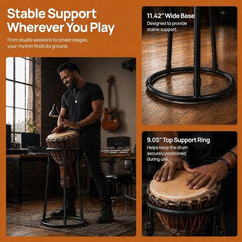 حامل من الفولاذ الكربوني المحمول قابل للتعديل لطبول Djembe الأفريقية مقاس 8.5-12 بوصة، حامل قوي قابل للطي مع إعداد سريع للتمرين والأداء بدون استخدام اليدين in Kuwait