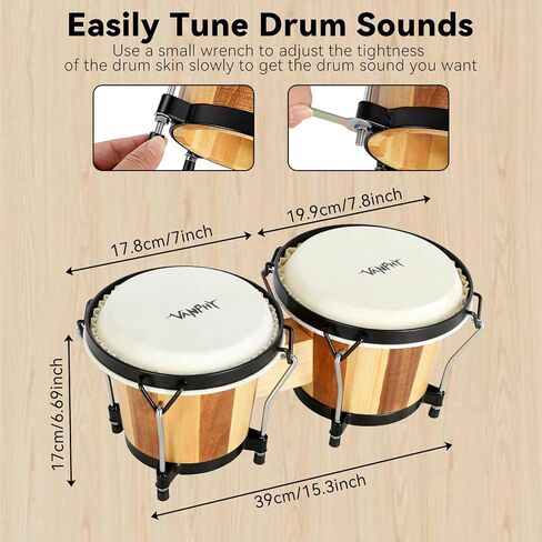 مجموعة Bongo Drum مقاس 6 بوصات و7 بوصات للبالغين المبتدئين والمحترفين ذوي القشرة الخشبية طبلة Bongos قرع Bongos مع مفتاح ضبط الحقيبة (شريط) in Kuwait