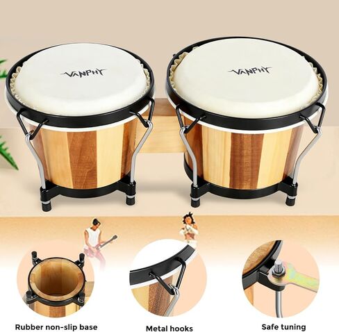 مجموعة Bongo Drum مقاس 6 بوصات و7 بوصات للبالغين المبتدئين والمحترفين ذوي القشرة الخشبية طبلة Bongos قرع Bongos مع مفتاح ضبط الحقيبة (شريط) in Kuwait