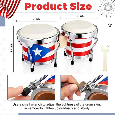 Mini Puerto Rico Bongo Drums, 6" and 7" Set, Percussion Instrument Tunable Drum, Puerto Rican Bongo Drum Set for Memorial Day, San Juan Festival and Boricua Cultural Celebration in Kuwait