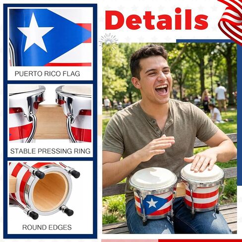 Mini Puerto Rico Bongo Drums, 6" and 7" Set, Percussion Instrument Tunable Drum, Puerto Rican Bongo Drum Set for Memorial Day, San Juan Festival and Boricua Cultural Celebration in Kuwait