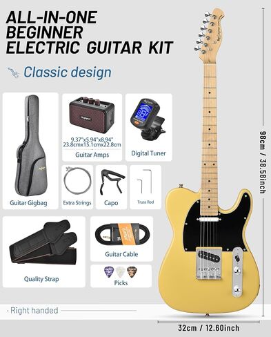 Leo Jaymz Beginner Electric Guitar Complete Kit with Portable Amp, Padded Gig Bag & Full Accessories, Maple Neck (TL-Vintage Yellow) in Saudi Arabia