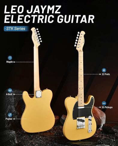 Leo Jaymz Beginner Electric Guitar Complete Kit with Portable Amp, Padded Gig Bag & Full Accessories, Maple Neck (TL-Vintage Yellow) in Saudi Arabia