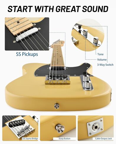 Leo Jaymz Beginner Electric Guitar Complete Kit with Portable Amp, Padded Gig Bag & Full Accessories, Maple Neck (TL-Vintage Yellow) in Saudi Arabia