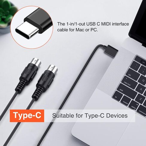 كابل LEKATO MIDI، MIDI إلى USB C، واجهة MIDI من النوع C مع لوحة مفاتيح/مركب توصيل الإدخال والإخراج لتحرير تسجيل السلك الاحترافي Windows/Mac Studio -6.5 قدم، أسود in Saudi Arabia