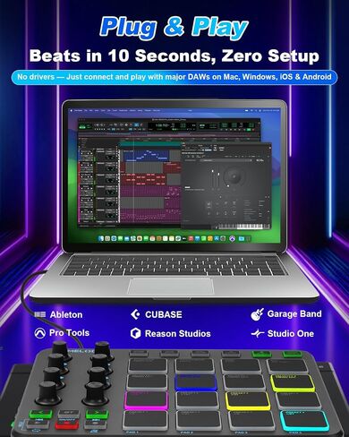 JP-1 MIDI Pad Controller with Wireless Connection, 16 RGB Beat Pads for Music Production, Portable Beat Maker for Beginners, Finger Drumming, Sampling, Looping on Laptop, Tablet, Phone in Kuwait