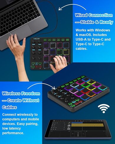 JP-1 MIDI Pad Controller with Wireless Connection, 16 RGB Beat Pads for Music Production, Portable Beat Maker for Beginners, Finger Drumming, Sampling, Looping on Laptop, Tablet, Phone in Kuwait