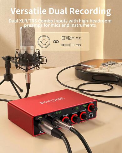 Audio Interface, 2X2 24-bit/192kHz Interface for High-Fidelity, Studio Quality PC/Mac/iOS Recording, XLR/TRS Combo Input, Monitor Mix/Loopback Function, One-Cable Setup(Alloy Red) in Kuwait