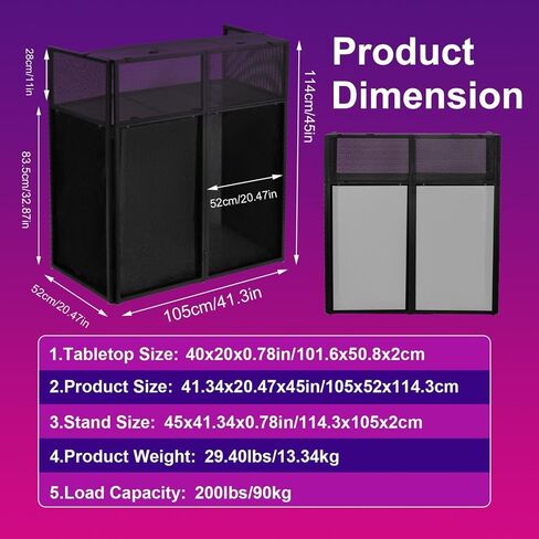 Foldable DJ Booth Table, Portable DJ Facade Stand with Metal Frame, Adjustable Workstation with Cable Management Holes, Black & White Panels and Carrying Bag for Laptop Controller Mixer in Kuwait