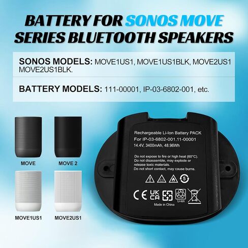 Battery for Sonos Move Series Bluetooth Speaker Compatible with: Sonos Move, Move 2, Replacement for Original Batteries: 111-00001,111-00006,111-00011,IP-03-6802-001,IP-03-9291-001,etc. in Kuwait