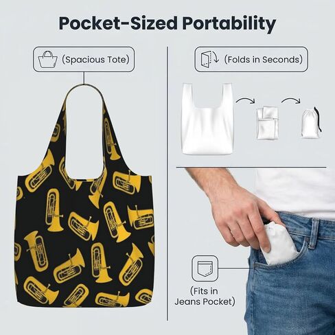 Isolated Tuba Musical Instrument Reusable Grocery Bag, Foldable Shopping Bag, Lightweight Tote Handbags For Travel in Kuwait