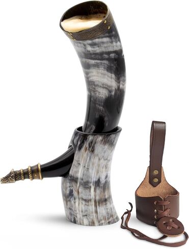 Norse Tradesman Genuine 12" Ox-Horn Viking Drinking Horn with Antique Brass Rim & Wolf Tip, Brown Leather Belt Holster, Fitted Stand & Burlap Gift Sack - The Fenrir, 12-Inches, Low Polish in Kuwait