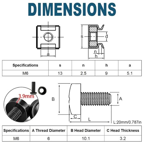 M6 Rack Screws Cage Nuts and Washers Set,M6x20mm Hexagon Socket Rack Mount Screws and Square Insert Nuts,for Rack Mount Data Cabinets,Stainless Steel Black-50set in Kuwait