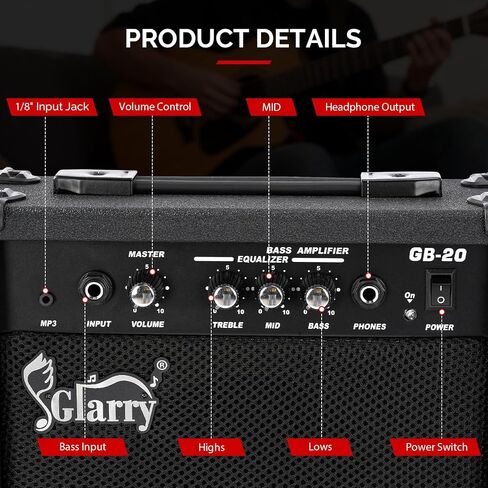 GLARRY Electric Bass Combo Amp, Portable Amp with Headphone MP3 Input, 20W Practice Bass Guitar Amplifier Speaker Accessories with Bass, Volume, Treble, and Middle Controls in Kuwait