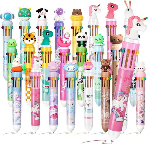Kosiz 24 PCS Multicolor Point Pen 10 in 1 Pen Multi Color في واحد قابل للسحب 0.7 مم تصميم رسم كاريكاتوري الحيوانات اللطيف للمكافآت المدرسية للطلاب هدية عيد ميلاد in Kuwait