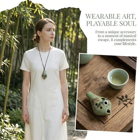 Handmade Ceramic Ocarina - 6-Hole Mini Pocket Size Green Clay Flute with Lanyard, Portable Wind Instrument for s &, Learnable in Minutes, Collectible Gift (Green/Random Patterns) - Playable Souvenir in Kuwait