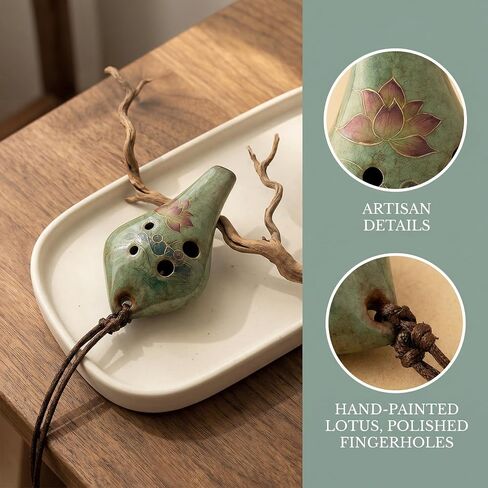 Handmade Ceramic Ocarina - 6-Hole Mini Pocket Size Green Clay Flute with Lanyard, Portable Wind Instrument for s &, Learnable in Minutes, Collectible Gift (Green/Random Patterns) - Playable Souvenir in Kuwait