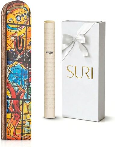 SURI Wooden Mezuzah Case for Door – 5 Inch Yellow Chagall-Inspired Mezuza Cover with Printed Scroll, Self-Stick Adhesive, Fits a 4 Inch Scroll, Gift Box Included in Kuwait