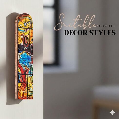 SURI Wooden Mezuzah Case for Door – 5 Inch Yellow Chagall-Inspired Mezuza Cover with Printed Scroll, Self-Stick Adhesive, Fits a 4 Inch Scroll, Gift Box Included in Kuwait