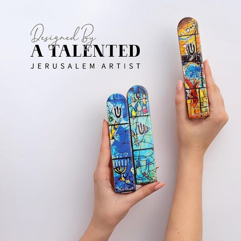 SURI Wooden Mezuzah Case for Door – 5 Inch Yellow Chagall-Inspired Mezuza Cover with Printed Scroll, Self-Stick Adhesive, Fits a 4 Inch Scroll, Gift Box Included in Kuwait