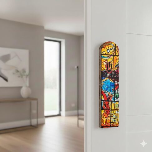 SURI Wooden Mezuzah Case for Door – 5 Inch Yellow Chagall-Inspired Mezuza Cover with Printed Scroll, Self-Stick Adhesive, Fits a 4 Inch Scroll, Gift Box Included in Kuwait