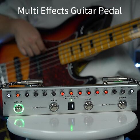Multi Effects Bass Guitar Pedal, Digital Rechargeable Electric Guitar Effector with 36 Tones, 9 AMP, 8 IR, Customizable Presets for Music Editing in Kuwait
