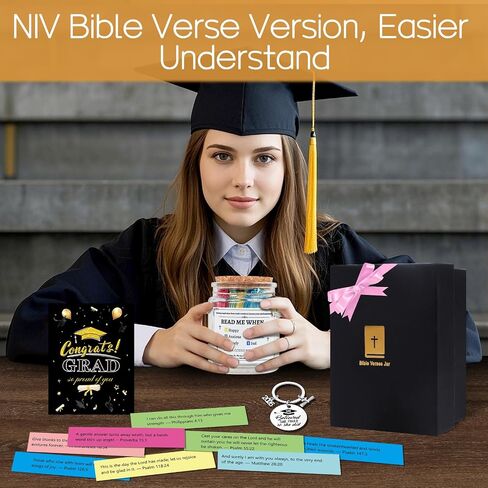 هدايا التخرج المسيحية لها - هدايا التخرج الدينية 4pcs ، جرة الآية للكتاب المقدس ، سلسلة المفاتيح ، بطاقة غراد ، هدية الدراسات العليا في كلية المدرسة الثانوية لابنة أخته in Kuwait
