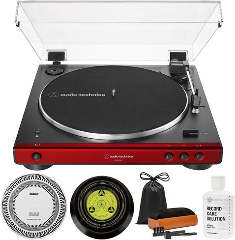Audio-Technica AT-LP60XBT-RD Fully Automatic Belt-Drive Bluetooth Stereo Turntable, Red/Black Bundle with Record Care Solution, Deco Gear Cleaning Kit, Stroboscope and Record Stabilizer in Saudi Arabia