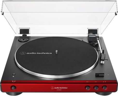 Audio-Technica AT-LP60XBT-RD Fully Automatic Belt-Drive Bluetooth Stereo Turntable, Red/Black Bundle with Record Care Solution, Deco Gear Cleaning Kit, Stroboscope and Record Stabilizer in Saudi Arabia
