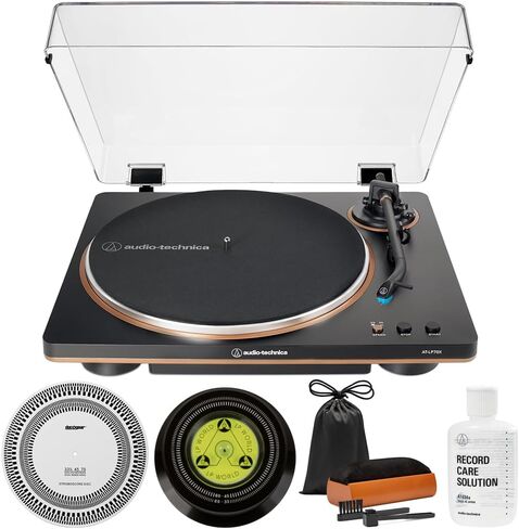 Audio-Technica AT-LP70X-BZ Fully Automatic Belt-Drive Turntable, Black/Bronze Bundle with Record Care Solution, Deco Gear Cleaning Kit, Stroboscope and Record Stabilizer in Saudi Arabia