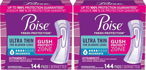 Poise Ultra Thin Incontinence Pads & Postpartum Incontinence Pads, 4 Drop Moderate Absorbency, Regular Length, 144 Count (3 Packs of 48), Packaging May Vary in Kuwait