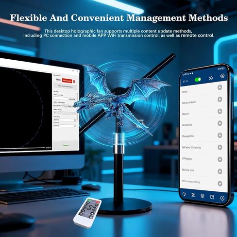 19.7" 3D Hologram Fan With Desktop Stand, Holographic Fan Display Supports Wifi /APP/PC/Bluetooth, remote, HD LED 3D Projector Fan(50CM) For Business Advertising, Retail Store, Exhibition Booth, Shop in Kuwait
